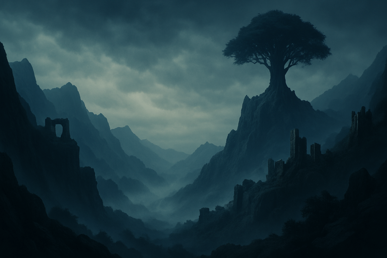 A solitary tree above a mist-filled valley and weathered stone arches