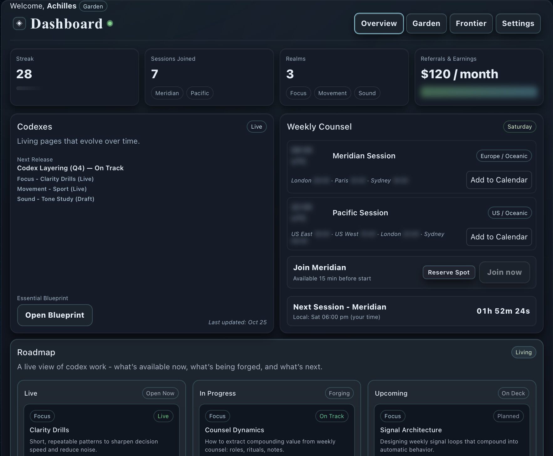 Vault for tracking progress, joining sessions, and viewingthe roadmap ahead.